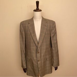 Hickey Freeman Men’s Madison Green Tan Silk Wool Blend Windowpane Blazer